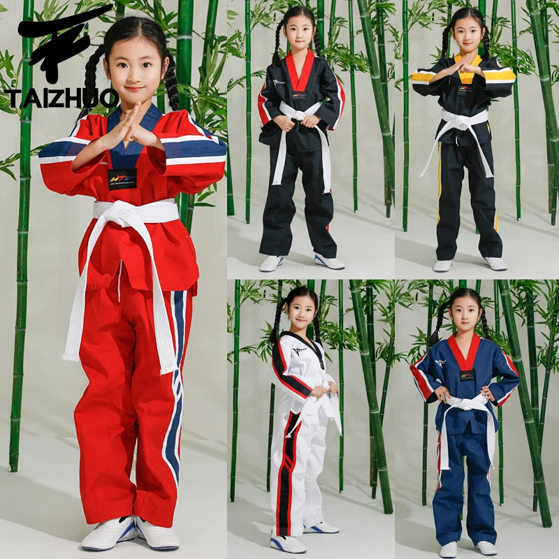 

Taekwondo uniform korea Kids Adults Taekwondo Uniform W/Black Belt Dobok Muay Thai Judo Clothes Sets Long Sleeves