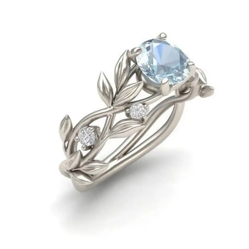 Top Quality Princess Women's Silver Floral Transparent Crystal Flower Vine Leaf Blue Gem Created Jewelry Ring | Украшения и