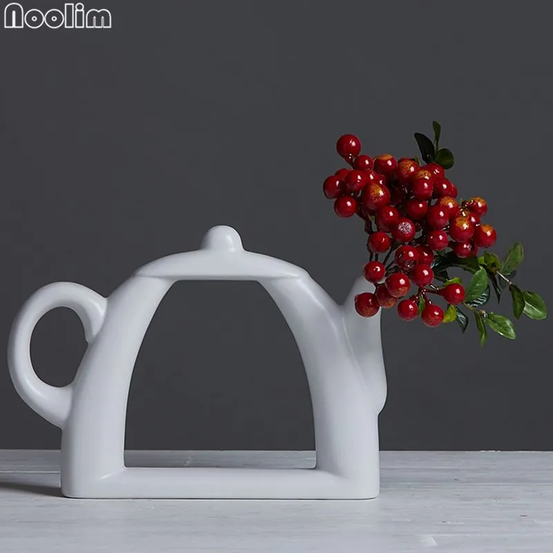 Teapot NOOLIM 3 формы вазы модный современный стиль белый керамический Настольный цветок Свадебная декоративная ваза домашнее рождественское украшение - Цвет: Teapot