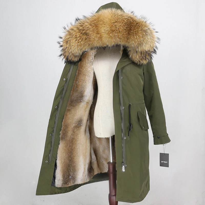 green natural OFTBUY водонепроницаемая верхняя одежда X-long Parka зимняя куртка женская шуба из натурального меха енота капюшон Подкладка из натурального кроличьего меха - Цвет: green natural