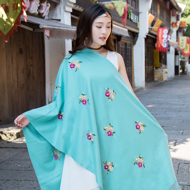 

[FEILEDIS]Autumn and winter new solid color embroidery cashmere scarves multi-purpose shawl Embroidered scarves FD208