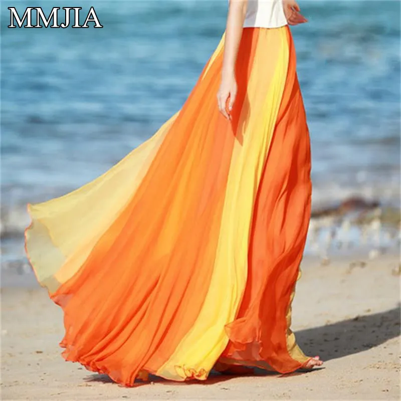 Женские длинные шифоновые юбки радужных цветов лоскутные плиссированные макси с