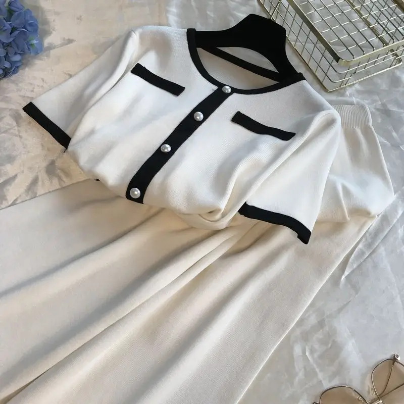 ALPHALMODA вязаный костюм с круглым вырезом и короткими рукавами+ широкие брюки, двухсекционный костюм, женские летние модные трикотажные брюки