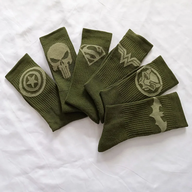 Герой комиксов Marvel General/носки с героями мультфильмов Супермен, Капитан Америка, махровые носки с подошвой, теплые носки с узором в стиле милитари, зеленые Повседневные носки