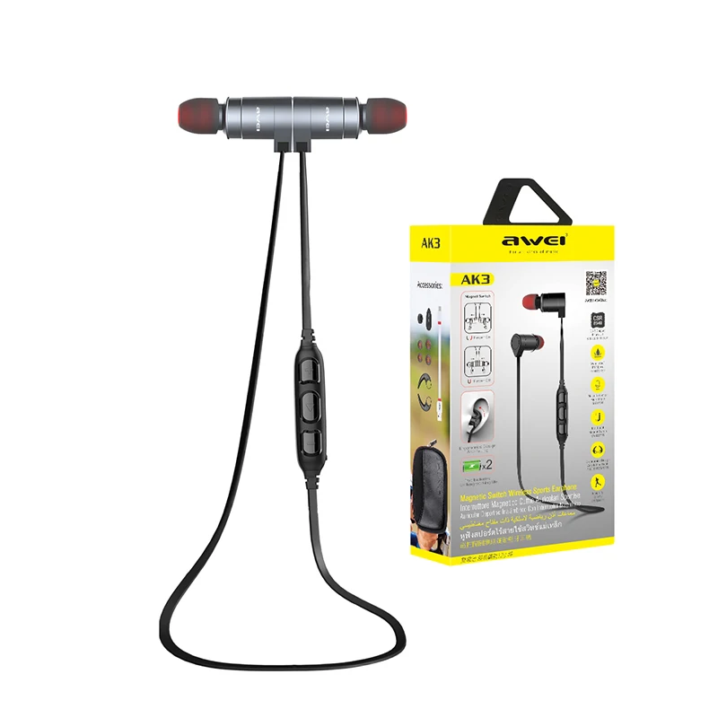Grey AWEI AK3 беспроводные наушники Bluetooth наушники Megnetic гарнитура Blutooth Беспроводные наушники шлем kulakl k - Цвет: Grey