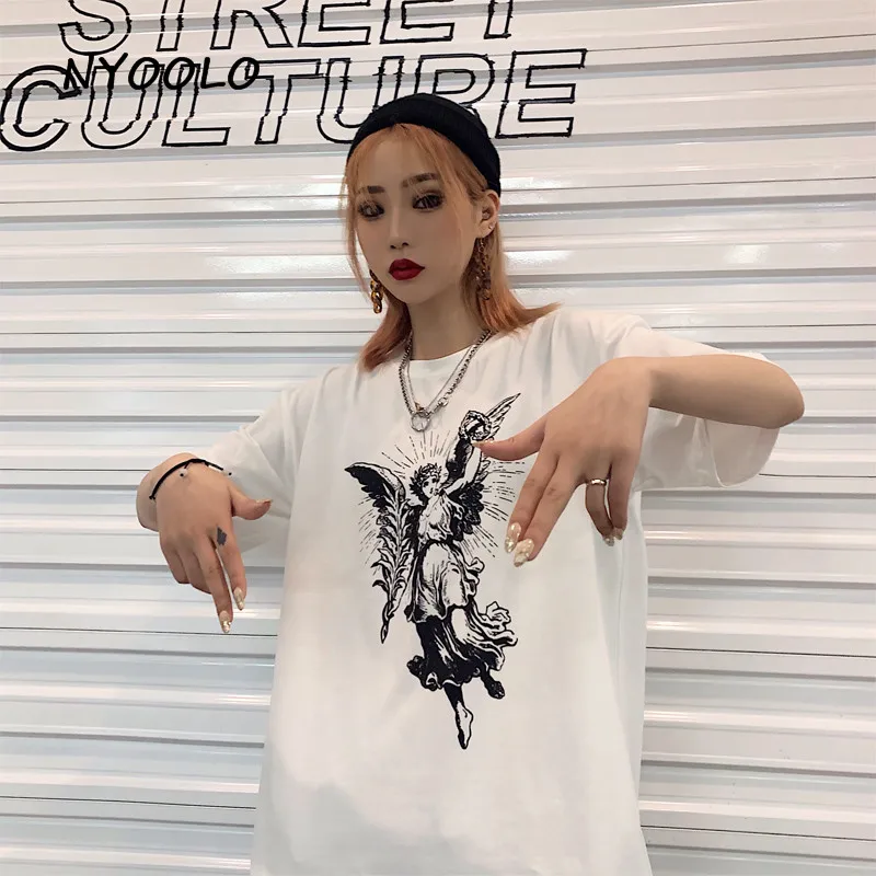 NYOOLO Novelty style angle wing print tees Summer streetwear short sleeve O-neck cotton t-shirts women clothing classic tops | Женская