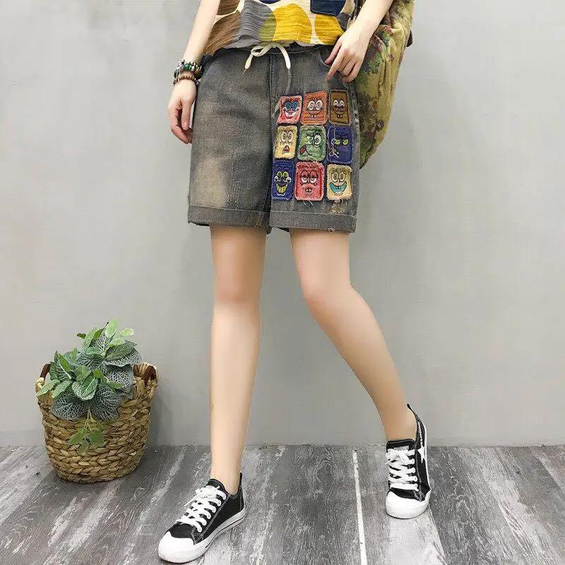 Patchwork QPFJQD ретро летние джинсовые шорты с эластичным поясом и дырками, повседневные джинсы с вышивкой в национальном стиле, короткие женские прямые штаны в стиле пэчворк - Цвет: Patchwork
