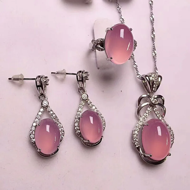Yu Xin Yuan Fine Jewelry 925 Серебряный инкрустированный натуральным зеленым халцедоном Овальный Кулон Кольцо Rop серьги три штуки