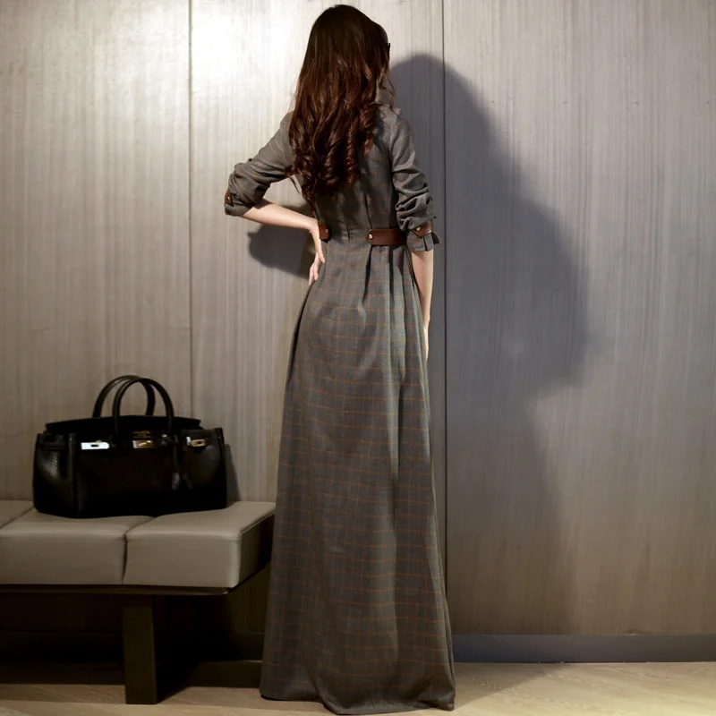 Женское клетчатое платье в пол длинное с длинным рукавом и высокой талией весна
