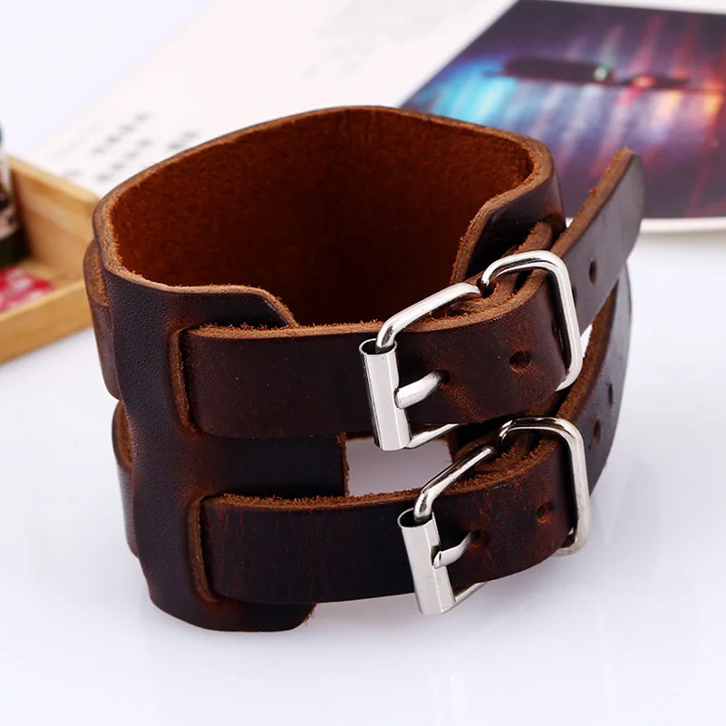 P01425Handmade Boho Gypsy Hippie Punk Brown Black Genuine Real Cow Leather Alloy Clasp Unisex 5Size Adjustable Wide Big Bracelet | Украшения