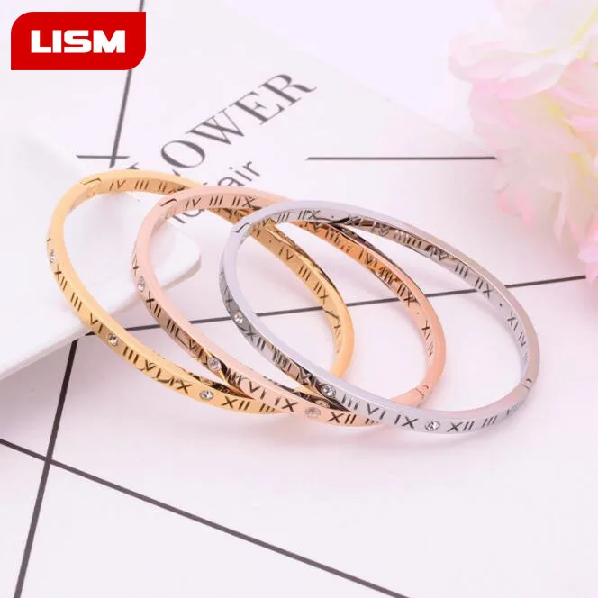 

Hot Sale Fashion Opening Titanium Steel Bangles Crystal Rose Gold White Gold Bangles Roman Numerals Women's Bracelet