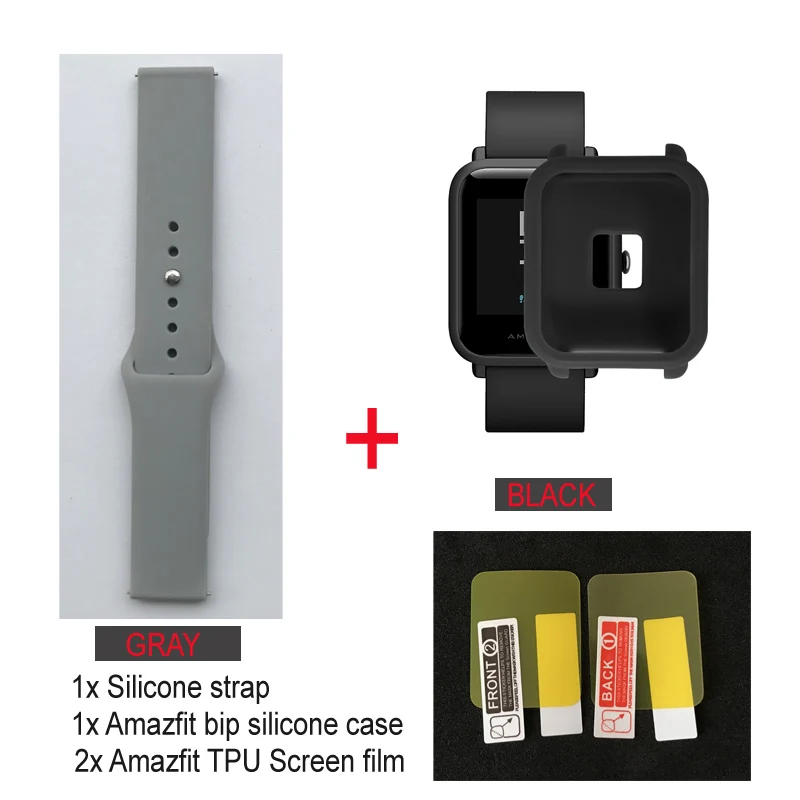 gray strap-black 4в1/упаковка силиконовый мягкий ремешок для Xiaomi Huami Amazfit Bip BIT Молодежные часы браслет резиновый Amazfit bip чехол Крышка - Цвет: gray strap-black