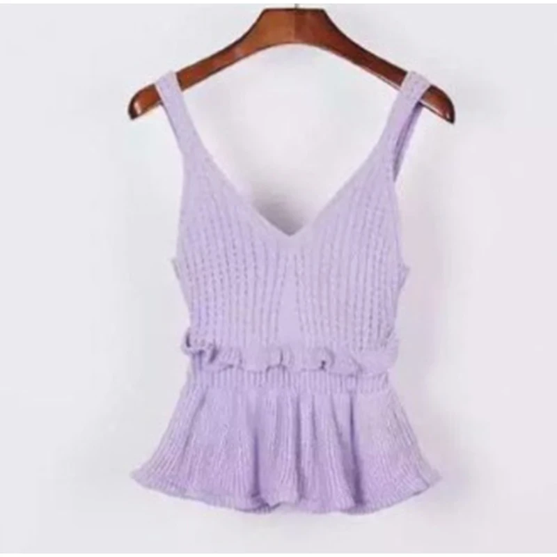 Для женщин трикотажное эластичное Ruffled Crop Топы кофта с v-вырезом без рукавов с открытой спиной Туника женская майка лето сексуальный топ Для женщин