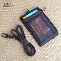 Brown Двойной держатель для ID бейджа со шнурком, кошелек для карт из натуральной кожи, 5 карт и слот, 1 Боковая Блокировка Rfid, карман на молнии, тонкий чехол для карт - Цвет: Brown