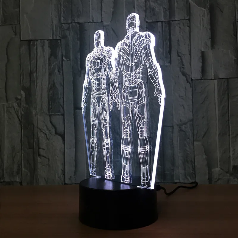 Супер герой светодиодный 3d-ночник Железный человек меха оборудование фигурка 7 цветов Сенсорная Оптическая иллюзия настольная лампа украшение дома