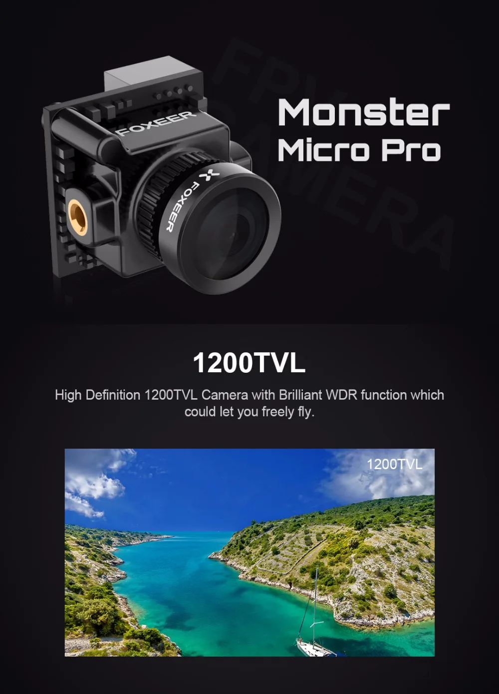 Foxeer Monster Micro Pro 1,8 мм 16:9 1200TVL PAL/NTSC переключаемая WDR низкая задержка FPV камера Встроенный OSD DC 5-40 в кронштейн камеры