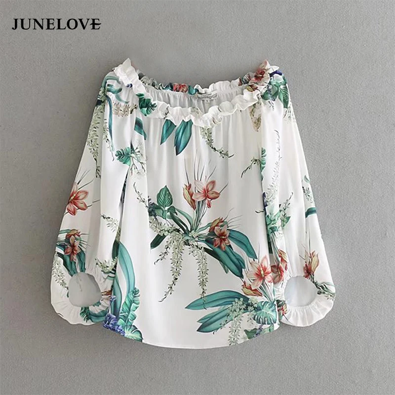 JuneLove 2018 women spring casual floral printed shirts slash neck lantern sleeve blouse chiffon ruffles blusas |