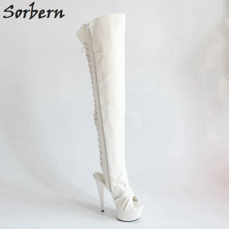 Sorbern Fashion Over The Knee Boots For Women Open Toe Lace Up Back Custom Leg White Boots Opening Of The Boot Women Wide Fit