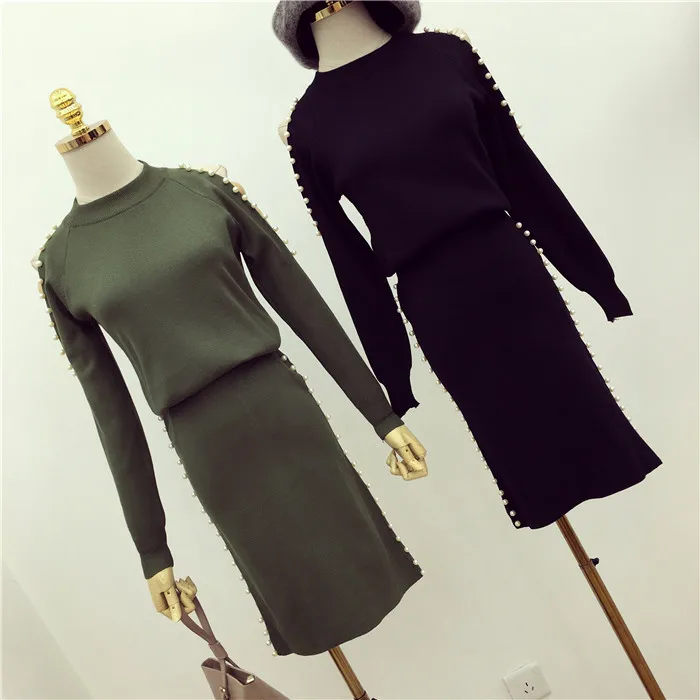 [Alphalmoda] Весна Новое поступление женский с открытыми плечами вышитый бисером вязаный юбки костюмы с длинными рукавами свитер Топ Облегающие юбки-карандаш наборы