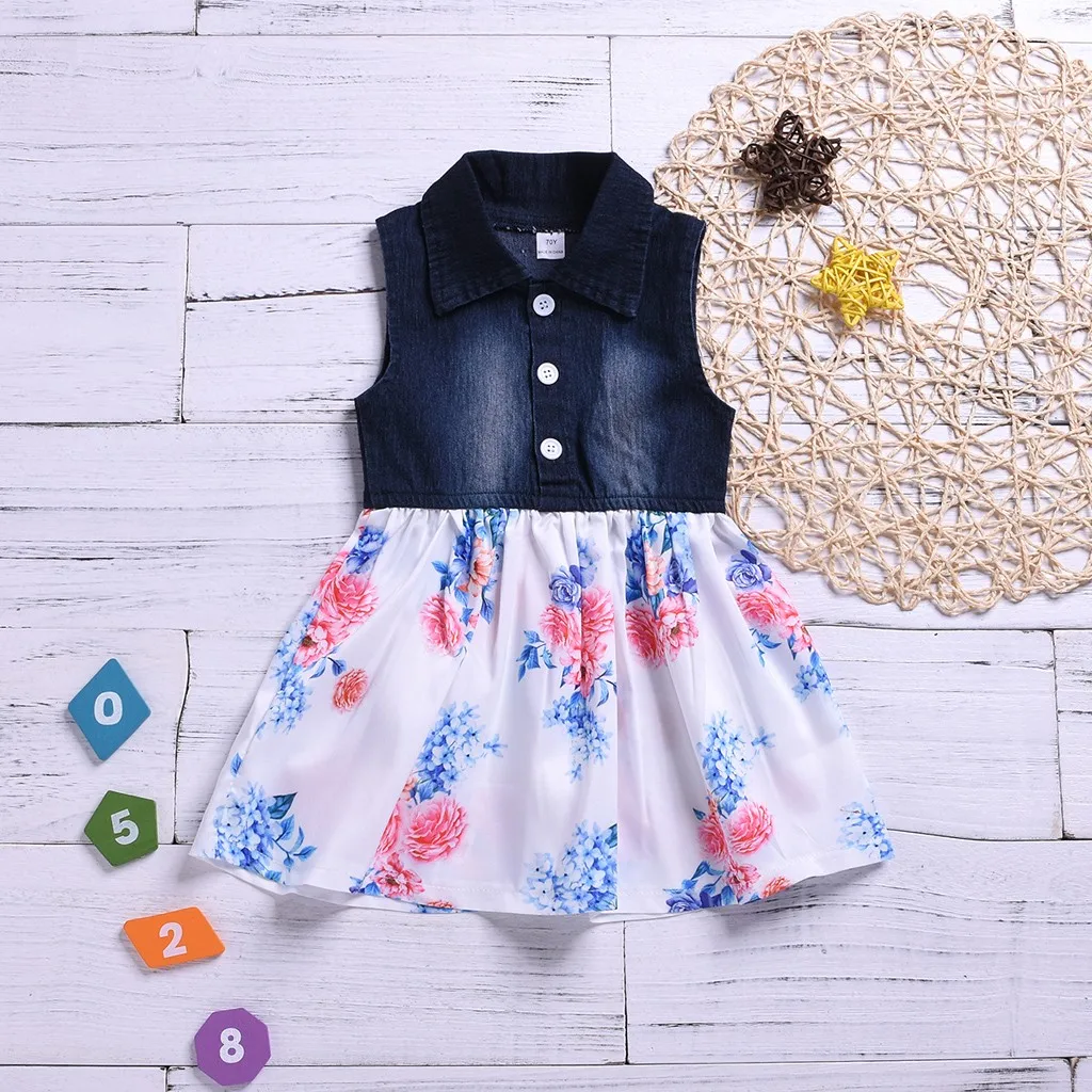 Платья для маленьких девочек Дети Платье из джинсовой ткани с цветочным узором в