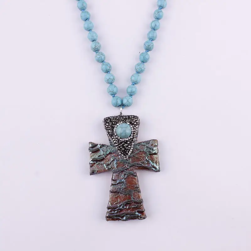 N4586Turquoise Cross 3 цвета на выбор Лидер продаж Племенной натуральные камни амазонита бусины Рог подвеска Цепочки и ожерелья для Для женщин богемные ювелирные изделия - Окраска металла: N4586Turquoise Cross