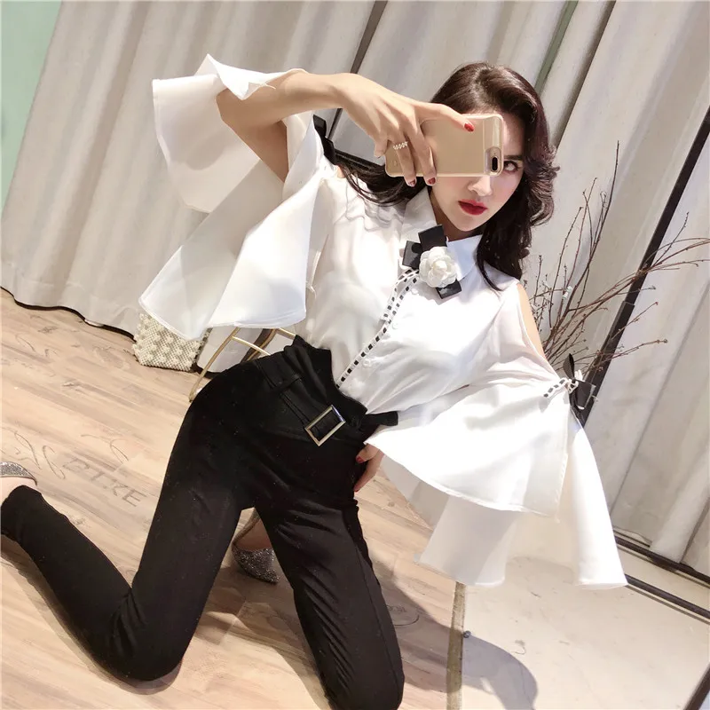 HAMALIEL новая мода большой рукав раструб белый рубашка Blusas Весна женский 3D