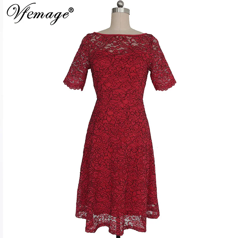 Vfemage Womens Elegant Sexy Lace See Through Tunic Casual Club Bridesmaid Mother of Bride Dress Skater A-Line Party 3977 | Женская