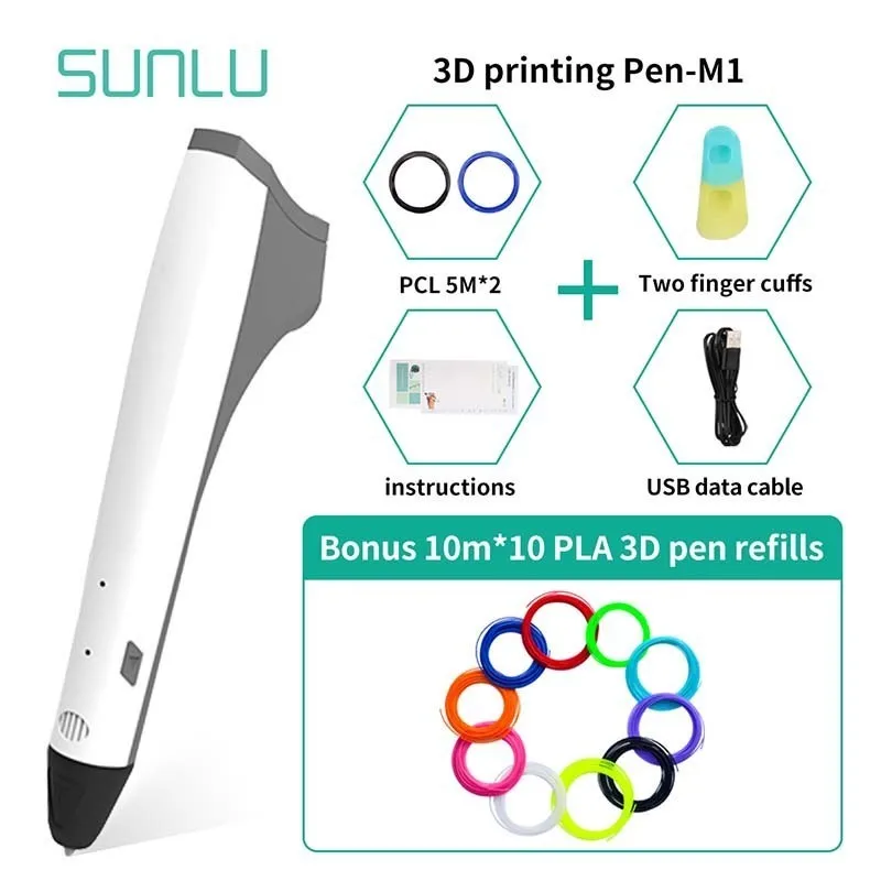 M1-White-10.10 SUNLU M1 3D печать Ручка Поддержка 1,75 PLA PCL нити легко поддерживать детей Scribble ручки Рождественский подарок - Цвет: M1-White-10.10