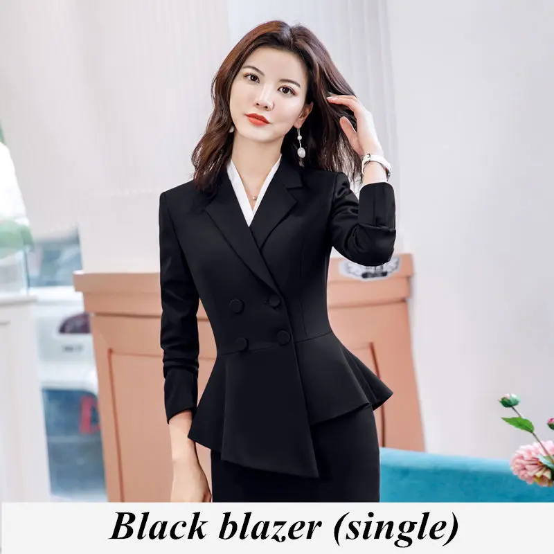 Black blazer Женский красный Блейзер, тонкий, весна-осень, элегантный женский офисный жакет, костюм для работы с рюшами, двубортный Блейзер, однотонный, Dushicolorful - Цвет: Black blazer