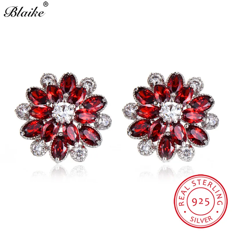 Blaike, настоящее 925 пробы, серебряные, красные серьги-гвоздики для женщин, полный камень, AAA, циркон, снежинка, серьги, свадебные, хорошее ювелирное изделие - Цвет камня: Red Stud Earrings