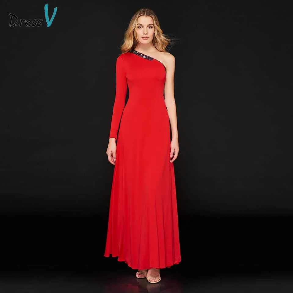 Красное вечернее платье на одно плечо с длинным рукавом и бусинами молнии длиной