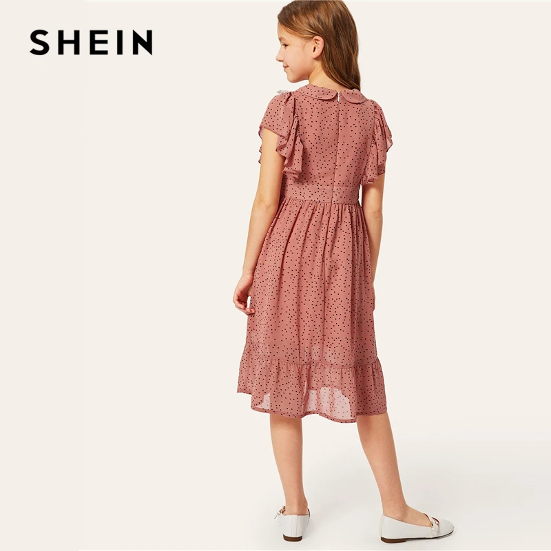 SHEIN/милое платье в горошек с контрастными кружевными манжетами для девочек г. Летнее милое ТРАПЕЦИЕВИДНОЕ расклешенное платье миди с рукавами «летучая мышь»
