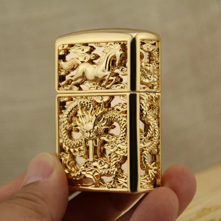 Высокая класс 24K золотой тяжелый главный Керосин Зажигалка выдолбленная Броня дракон/лошадь деревянная Подарочная посылка
