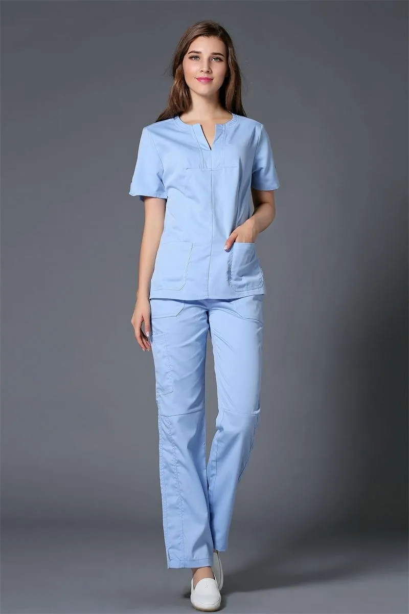 light blue Высококачественные медицинские наборы для скраба, доктора и медсестры, больничная форма, модный дизайн, облегающие, для салона красоты, рабочая одежда, костюмы - Цвет: light blue