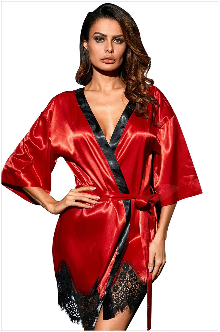 Сексуальный женский банный халат кружевной сексуальное атласное шелковое