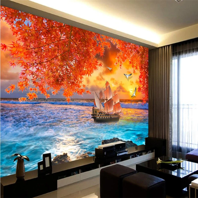 

beibehang Custom Fresco wallpaper of any size for the sea sailboat maple leaves living room bedroom tv backdrop papel de parede