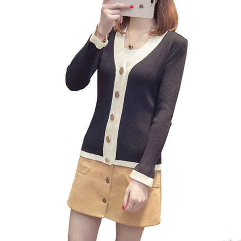 2018 Spring Autumn Flare Sleeve V-Neck Knitted Sweater Cardigan Female Single Breasted Patchwork Slim Women Coat F609 |