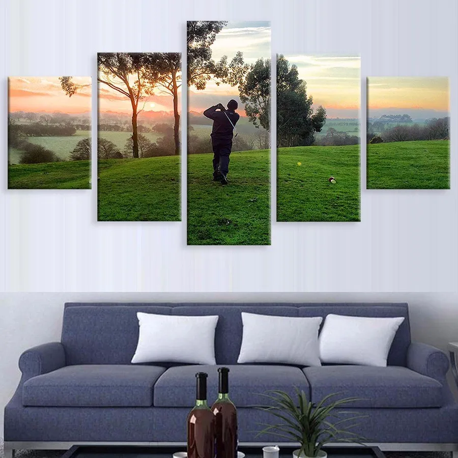 HD Печать На Холсте 5 Панели Живопись Для Гостиной Играть В Гольф Восход Landacape