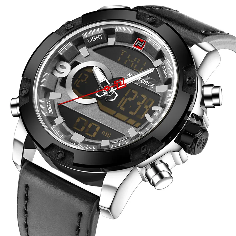 Silver Black NAVIFORCE Роскошные Брендовые мужские Аналоговые Цифровые кожаные спортивные часы мужские армейские военные часы мужские кварцевые наручные часы Masculino - Цвет: Silver Black