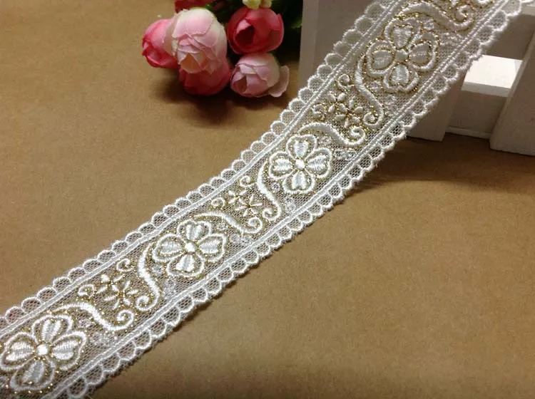 

5 yards/lot width 3.6cm 1.42"white&gold vintage rayon embroidery lace trim ribbon fabric for dress/skirt clothes SL4K63