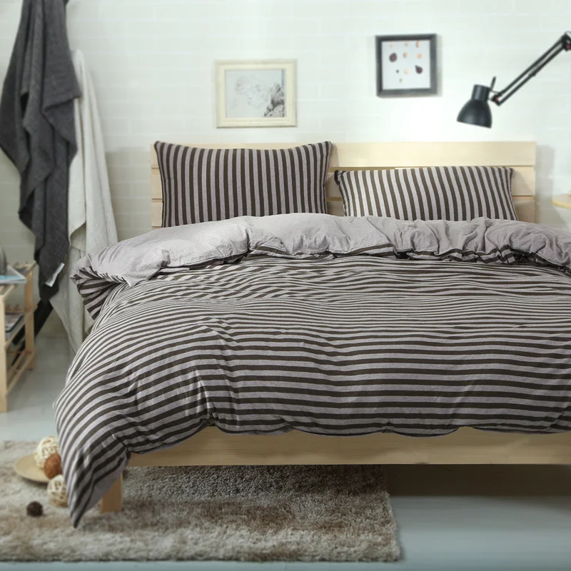 4pcs 100% Cotton Jersey Knitted fabric coffee color stripe bed set double 150 180cm solid fitted sheet | Дом и сад