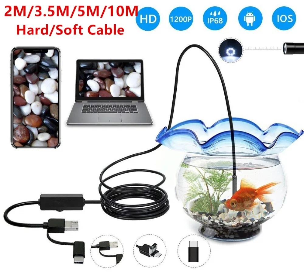 3 в 1 USB эндоскоп жесткий/мягкий кабель 1200P бороскоп Инспекционная камера для Android