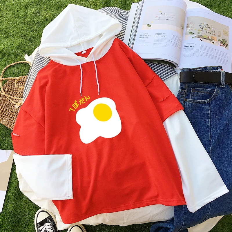 

Brand New Fashion Autumn Women Hooded Harajuku Casual Kawaii Omelette Hoodies Sweatshirts Moletom Patchwork Fake Two Piece Tops