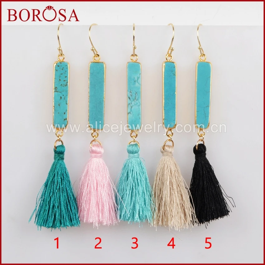 

BOROSA Gold Color Rectangle Bar Blue Howlite Stone Charm Rainbow Tassel Earrings,Mix Color Drusy Dangle Drop Earrings G1241