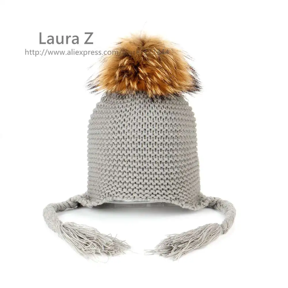 HAT Lavashow/детская трикотажная шапка, шапка из меха енота, норки, лисы, помпон, 15 см, детская шапка, зимний теплый шарф с помпонами, шапка для мальчиков и девочек, подарок - Цвет: HAT