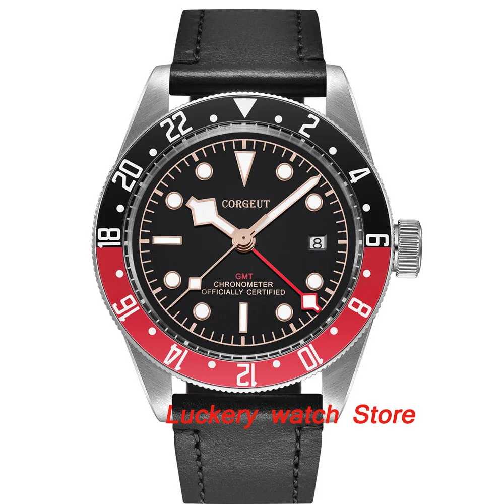 41 мм Corgeut GMT мужские часы с черным циферблатом светящийся вращающийся ободок