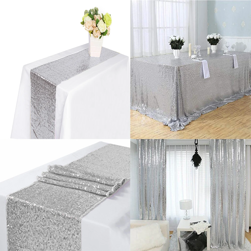 10pcs Silver Sequin Table Runner Wedding Decoration Party Tablecloth Sparkly Events Decora (Silver-12x72in) | Дом и сад