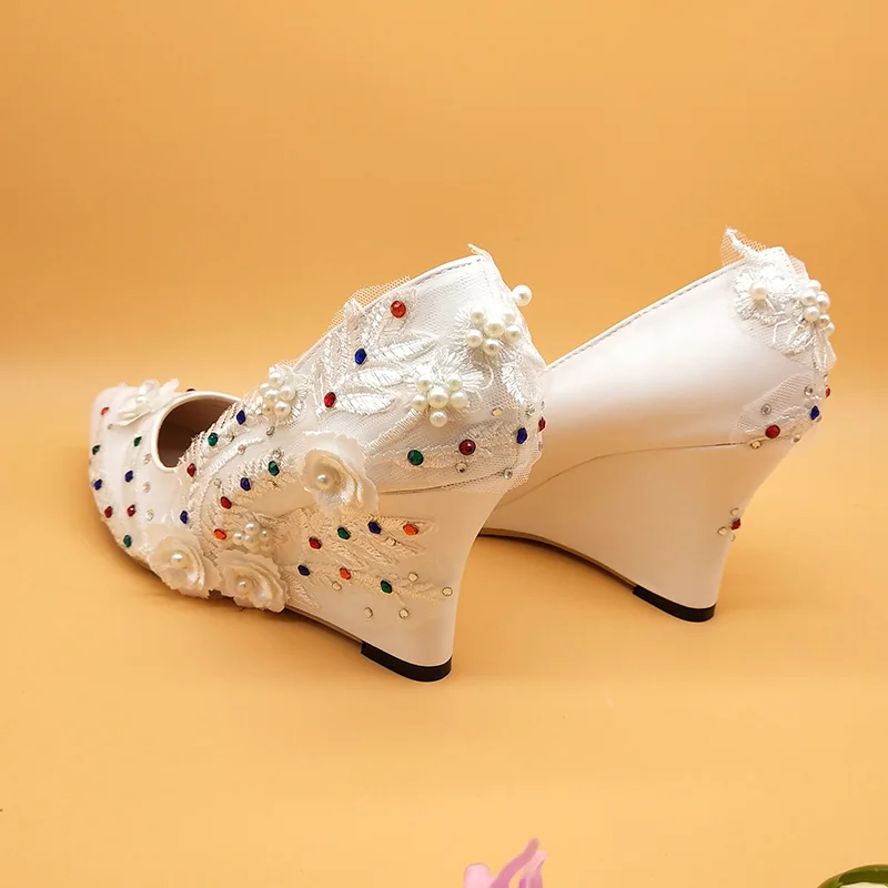 White Lace Flower wedding shoes with matching bags bride High heels Wedges Pumps Ladies Party shoe and bag set Ankle strap shoe