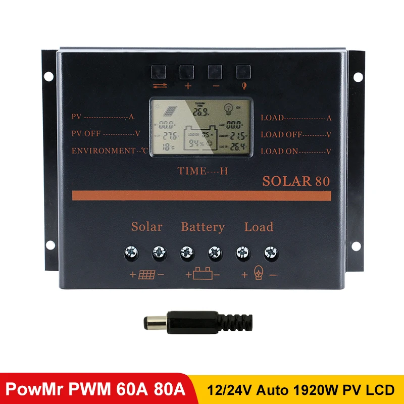Контроллер солнечной зарядки PowMr 50A 60A 80A PWM 12 В 24 в ЖК дисплей PV батарея с 5 USB