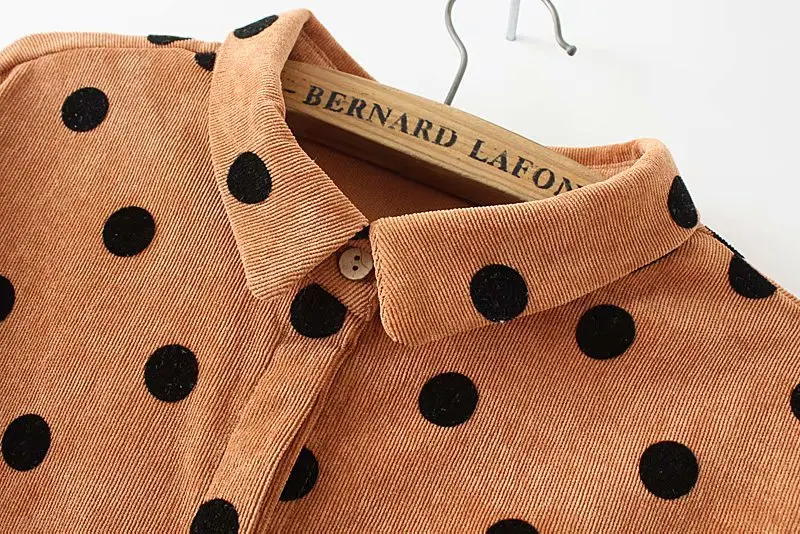 Женская Вельветовая рубашка в горошек с отложным воротником и длинным рукавом